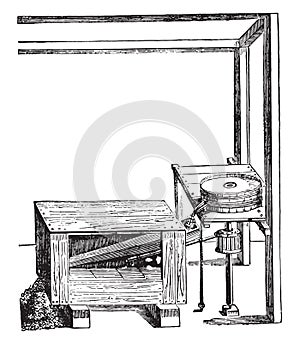 Mechanical sifter invented around 1552, after the Faust Veranzio, vintage engraving