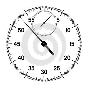 Mechanical stopwatch dial with hands. Countdown, speed measurement. Black and white vector