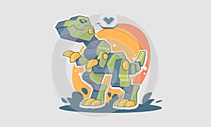 Mechanical T-rex cartoon illustration. Dinosaur robot mascot design. Iron monster Prehistoric