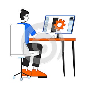 Mechanical technician sitting at computer 2D linear cartoon character