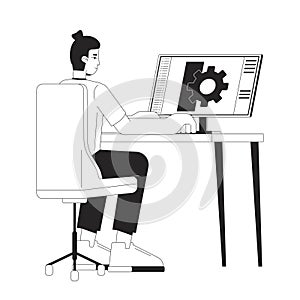 Mechanical technician sitting at computer black and white 2D line cartoon character