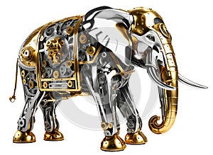 Mechanical techno elephant, made of moving golden, silver, brass and aluminum metal parts