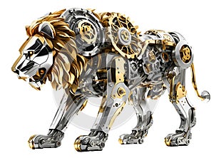 Mechanical techno lion, made of moving golden, silver, brass and aluminum metal parts