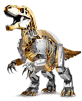 Mechanical techno Tyrannosaurus Rex, made of moving golden, silver, brass and aluminum metal parts