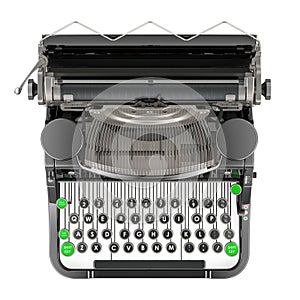 Mechanical Typewriter, top view. Old-Fashioned Traditional Portable Manual Typewriter, 3D rendering