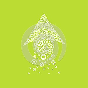 Mechanical up arrow made of white gears and wheels. Isolated on green. New technology icon