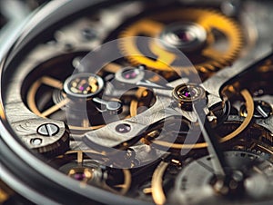 Mechanical watch inside with spring mechanism and gears rotating extreme macro.