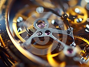 Mechanical watch inside with spring mechanism and gears rotating extreme macro.