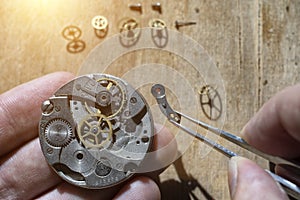 Mechanical watch repair, watchmaker`s workshop