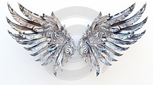 Mechanical wings with intricate metal feathers, 3D rendered in high detail, white isolation