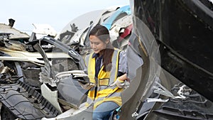 Mechanical woman owner small business inspecting standing in the car junkyard, Dirty male repairman choosing spare parts on car