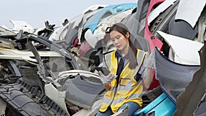 Mechanical woman owner small business inspecting standing in the car junkyard, Dirty male repairman choosing spare parts on car