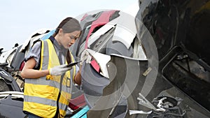 Mechanical woman owner small business inspecting standing in the car junkyard, Dirty male repairman choosing spare parts on car