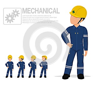 Mechanical worker in mechanic jumpsuit are posing akimbo on transparent background