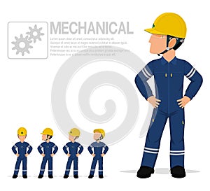 Mechanical worker in mechanic jumpsuit are posing akimbo on transparent background