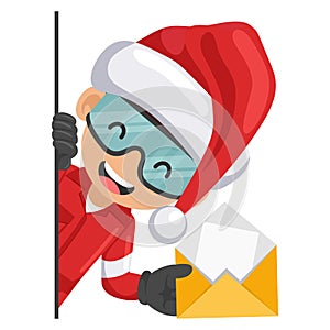 Mechanical worker with Santa Claus hat peeking out from behind a wall with open letter envelope for email. Merry christmas.