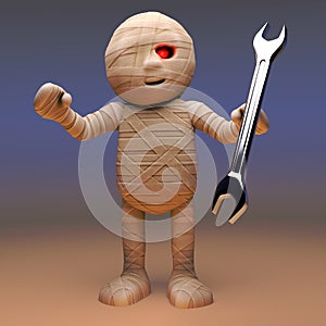 Mechanically minded Egyptian mummy monster holding a spanner, 3d illustration