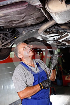 Mechanician repairing car