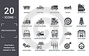 mechanicons icon set. include creative elements as glass wiper, oil can with big drop, changing wheels tool, bus with compass, car