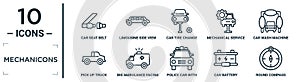 mechanicons linear icon set. includes thin line car seat belt, car tire change, car wash machine, big ambulance facing left,