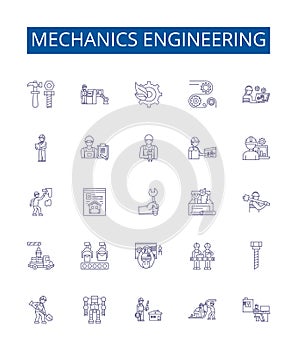 Mechanics engineering line icons signs set. Design collection of Mechanics, Engineering, Kinematics, Dynamics