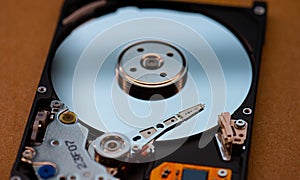 Mechanics inside a hard disk drive with platter and read write head..