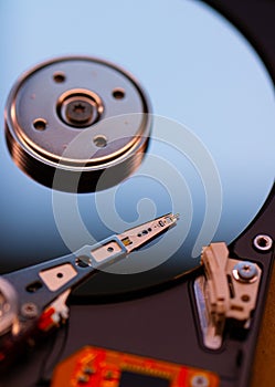 Mechanics inside a hard disk drive with platter and read write head..