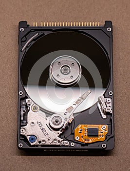 Mechanics inside a hard disk drive with platter and read write head..