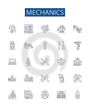 Mechanics line icons signs set. Design collection of Automotive, Physics, Engineering, Repair, Technician, Force