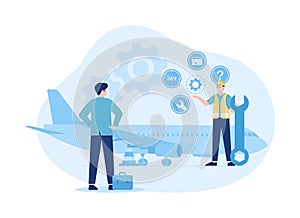 Mechanics repairing airplane before flight concept flat illustration