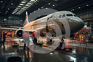 Mechanics are working on repairing airplane in a hangar