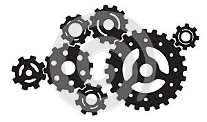 Mechanism of  black spinning gears on white background