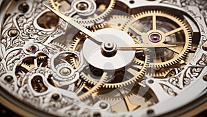 Mechanism, clockwork of a watch with jewels, close-up. Vintage luxury background. Time, work concept