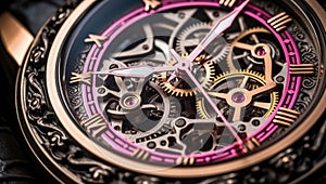 Mechanism, clockwork of a watch with jewels, close-up. Vintage luxury background. Time, work concept