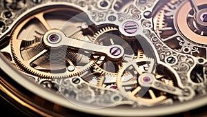 Mechanism, clockwork of a watch with jewels, close-up. Vintage luxury background. Time, work concept