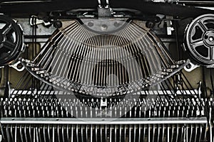 Mechanism of an old typewriter. Retro vintage, steam punk