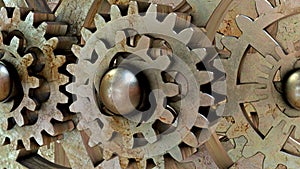 Mechanism of rusty old gears in silver color