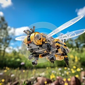 Mechanized Lego Bumble Bee: Adventure-themed Flying Toy In Tilt-shift Style