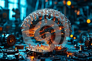 Mechanized Mind: Stylized Futuristic Brain in a Broad Technological Environment photo