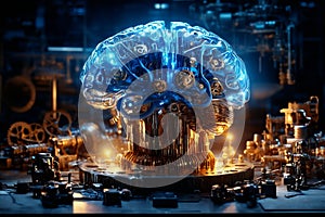 Mechanized Mind: Stylized Futuristic Brain in a Broad Technological Environment photo
