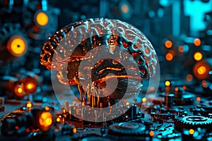 Mechanized Mind: Stylized Futuristic Brain in a Broad Technological Environment photo