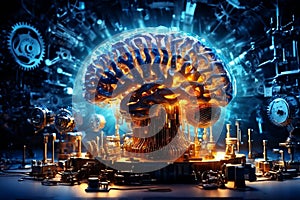 Mechanized Mind: Stylized Futuristic Brain in a Broad Technological Environment photo