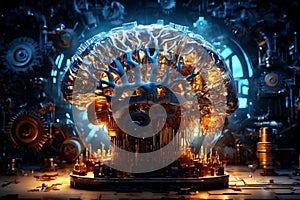 Mechanized Mind: Stylized Futuristic Brain in a Broad Technological Environment photo