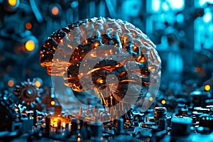 Mechanized Mind: Stylized Futuristic Brain in a Broad Technological Environment photo