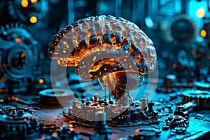 Mechanized Mind: Stylized Futuristic Brain in a Broad Technological Environment photo
