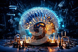 Mechanized Mind: Stylized Futuristic Brain in a Broad Technological Environment photo