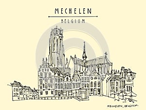 Mechelen, Belgium, Europe.  St. Rumbold`s Cathedral on Grote Markt. Hand drawn travel postcard. Travel sketch. Hand drawing of