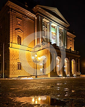 Mecklenburg State Theatre in Schwerin at night, Germany