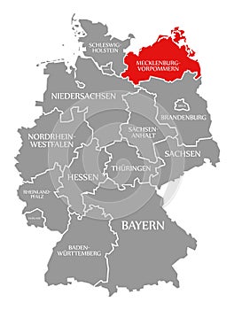 Mecklenburg Western Pomerania red highlighted in map of Germany