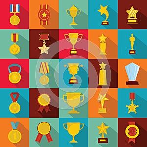 Medal award icon set, flat style